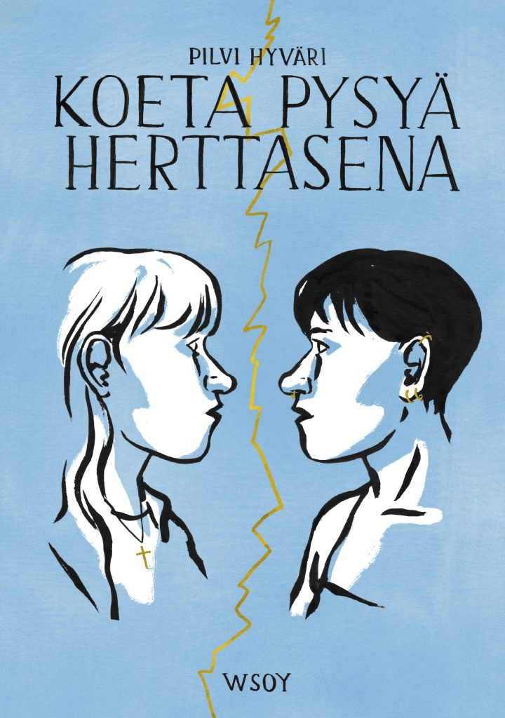 Pilvi Hyvärin kirjan ”Koeta pysyä herttasena” kansi. Vaaleansinisellä pohjalla kaksi piirrettyä henkilöä katsoo toisiaan kasvotusten, ja heidän välissään kulkee keltainen salamanmuotoinen viiva.