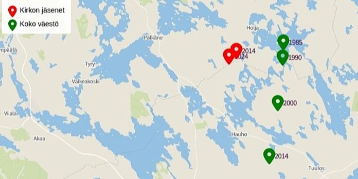 kirkkoon kuuluvien väestöllinen keskipiste