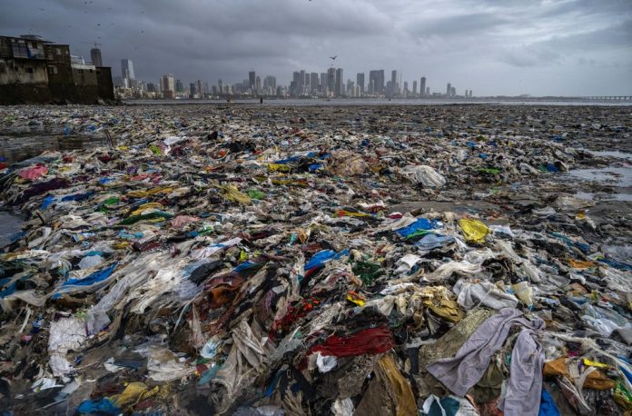 India: Plastic Garbage Washed Ashore Arabian Sea At Mahim Reti Bunder Beach In Mumbai