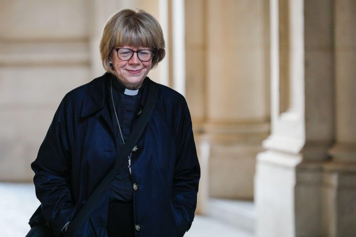 London, UK. 09th Nov, 2025. Dame Sarah Mullally, Archbishop designate of Canterbury, Bishop of London, Member of the House of Lords. As of October 2025, the Archbishop-elect is Dame Sarah Mullally seen walking through Downing Street on the way from attending the Remembrance Sunday ceremony on Whitehall in Westminster.