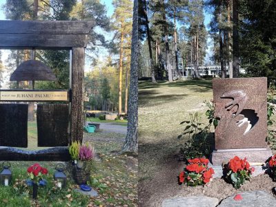 Kaksi erilaista hautamuistomerkkiä vierekkäin metsäisellä hautausmaalla. Vasemmalla tumma puinen muistomerkki, jossa riippuva kellomainen elementti ja kynttilöitä sekä kukkia sen juurella. Oikealla ruskea kivinen hautakivi, jossa on perhosen muotoinen aukko, punaisia kukkia ja ruusupensaita ympärillä. Taustalla näkyy mäntyjä ja aurinkoinen sää.