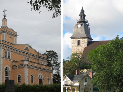 kaksi kirkkoa aseteltu kollaasiin vierekkäin