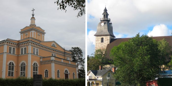 kaksi kirkkoa aseteltu kollaasiin vierekkäin