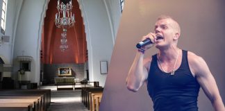Jaettu kuva, jonka vasemmalla puolella näkyy kirkon vaalea sisätila penkkiriveineen ja kattokruunuineen, oikealla puolella taas mikrofoniin laulava esiintyjä mustassa hihattomassa paidassa lavavaloissa.