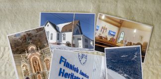 Kollaasi viidestä valokuvasta vaalealla kangastaustalla. Kuvissa näkyvät luminen kirkkorakennus, jumalanpalvelus kirkkosalissa, Finnish American Heritage Centerin julkisivu, koristeellinen kirkon alttari sekä ilmakuva talvisesta metsä- ja rantamaisemasta.