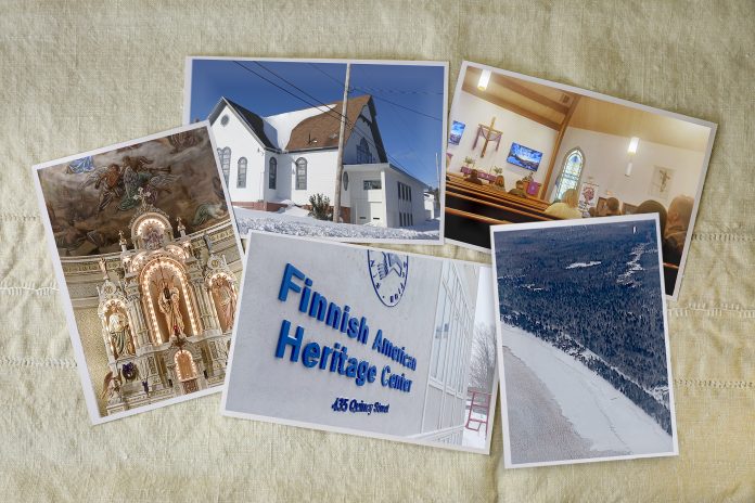 Kollaasi viidestä valokuvasta vaalealla kangastaustalla. Kuvissa näkyvät luminen kirkkorakennus, jumalanpalvelus kirkkosalissa, Finnish American Heritage Centerin julkisivu, koristeellinen kirkon alttari sekä ilmakuva talvisesta metsä- ja rantamaisemasta.