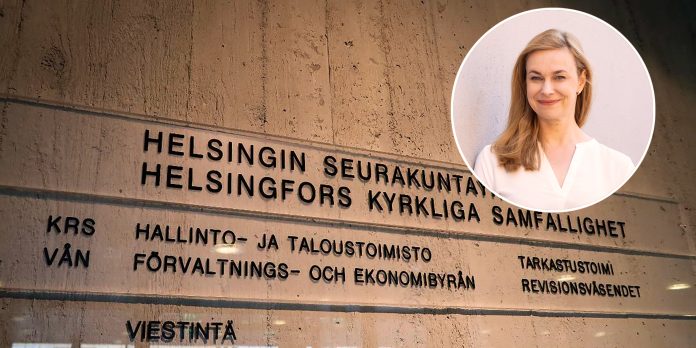 Helsingin seurakuntayhtymän kyltti ja Anu Laitila kuvakollaasi jossa kyltti ja anu laitila