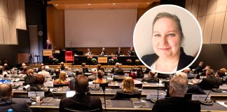 kuvakollaasi jossa toinen kuva kirkolliskokouksesta ja sen päällä Noora Alleniuksen kuva