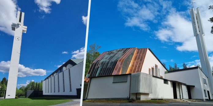 Kaksi kuvaa moderneista valkoisista kirkoista, joiden tunnusmerkkejä ovat korkea kellotorni ja kuparinvärinen katto. Vasemmalla on Seinäjoen Lakeudeun risti, oikealla Imatran Kolmen ristin kirkko.