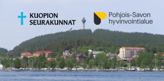 taustalla Puijon torni Kuopiossa kuvaan liitetty myös Kuopion seurakuntayhtymän ja Pohjois-Savon hyvinvointialueen logot