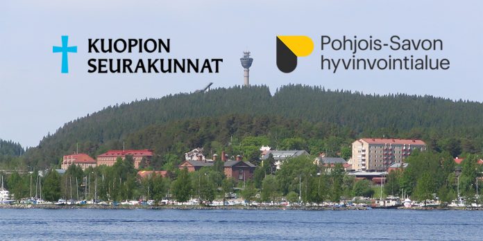 taustalla Puijon torni Kuopiossa kuvaan liitetty myös Kuopion seurakuntayhtymän ja Pohjois-Savon hyvinvointialueen logot