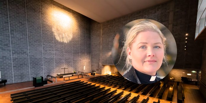 kuvakollaasi jossa suurempi kuva tapiolan kirkkosalista ja sen päällä Heidi Zittingin kasvokuva