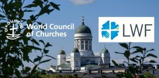 Kirkko jatkaa kansainvälistä verkostotyötä entiseen tapaan säästöistä huolimatta taustalla helsingin tuomiokirkko, kuvassa myös wcc ja lwf järjestöjen logot