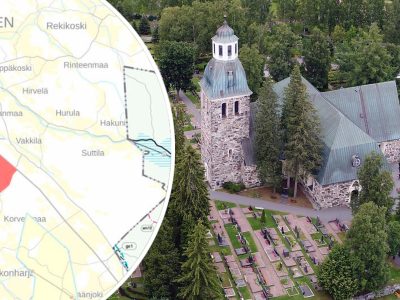 kuvakollaasi, jossa huittisten kirkko ja kaavakartta