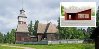 kuvakollaasi jossa petäjäveden vanha kirkko ja sen yhteyteen suunnitelty vierailukeskus
