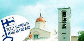 Valamon luostarin tuotteille myönnettiin Avainlippu tunnustuksena kotimaisesta työstä kuvakollaasi jossa Valamon kirkko ja avaintuotetunnus