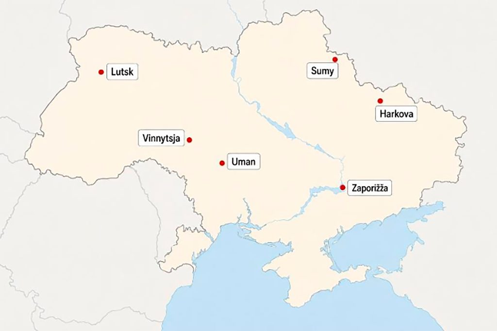 karttakuva Ukrainasta ja avustuskohteista