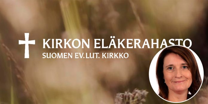 Kirkon eläkerahasto ja Ira van der Pals Kuvakollaasi Kirkon eläkerahasto -tekstistä ja naisen kuva