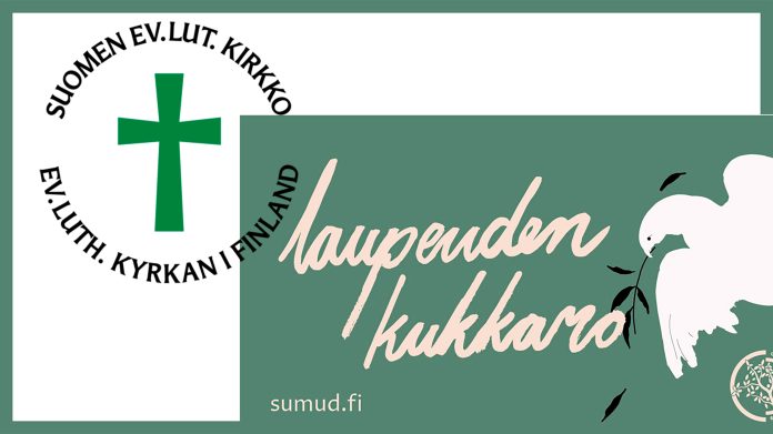 Laupeuden kukkaro ja evlut kirkko kuvituskuva, jossa kirkon logo ja kampanjan tunnus