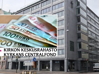 kuvakollaasi, jossa taustalla kirkkohallituksen kiinteistö eteläranta 8 ja päällä seteleitä