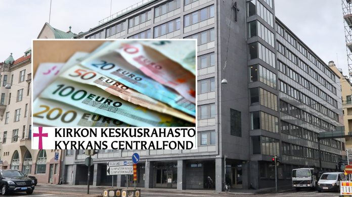 kirkon keskusrahasto eteläranta kuvakollaasi, jossa taustalla kirkkohallituksen kiinteistö eteläranta 8 ja päällä seteleitä