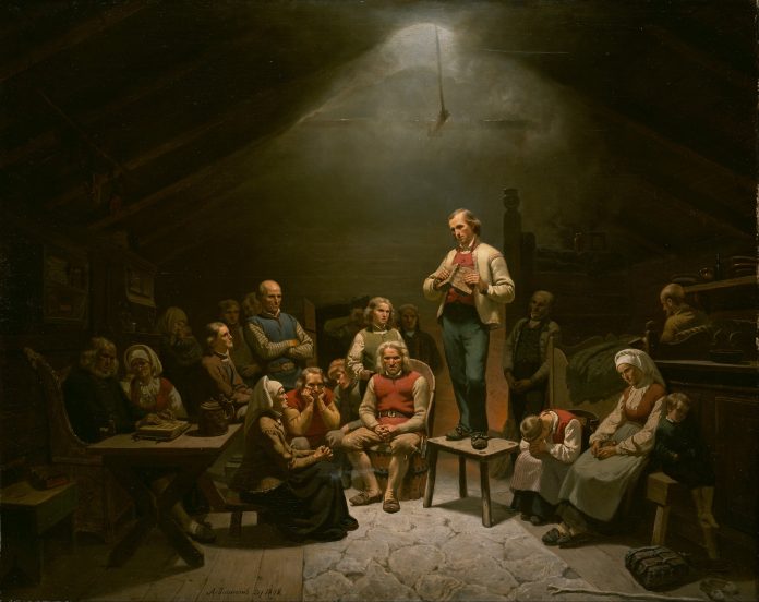 Adolph_Tidemand_-_Low_Church_Devotion_-_Google_Art_Project Kuvassa on maalaus, jossa ihmiset kuuntelevat puhujaa.