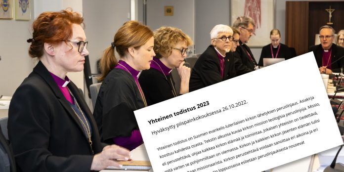 Kuvassa taustalla piispoja kokouksessa ja etualalla asiakirja.
