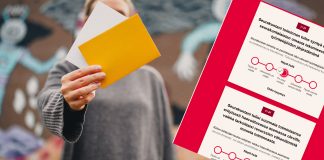 kuvakollaasi, jossa nainen pitää vaalilippuja käsissään ja ruutukaappaus vaalikoneesta