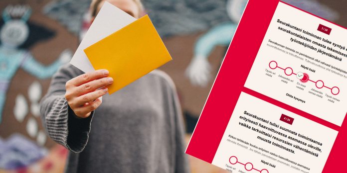 vaalikone 2026 kuvituskuva kuvakollaasi, jossa nainen pitää vaalilippuja käsissään ja ruutukaappaus vaalikoneesta