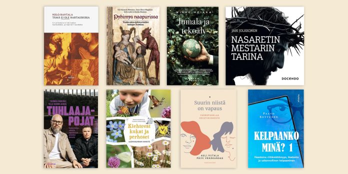 vuoden kristillinen kirja_verkkoon Vaalealla taustalla kahdeksan kirjan kannen kooste kahdessa rivissä. Teokset käsittelevät kristinuskoa, uskoa ja hengellisyyttä eri näkökulmista sekä tekoälyä ja luontoa. Mukana ovat Tämä ei ole hartauskirja, Pyhimys naapurissa, Jumala ja tekoäly, Nasaretin mestarin tarina, Tuhlaajapojat, Kiehtovat kukat ja perhoset, Suurin niistä on vapaus ja Kelpaanko minä?